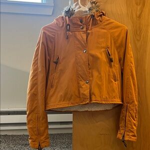 Forever 21 Women's yellow crop Hooded Jacket with Faux Fur Trim